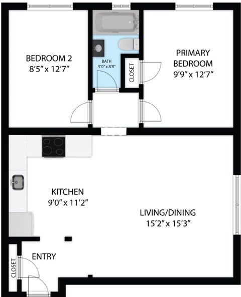 Floor plan for 2 beds, 1 bath, 716 sqft